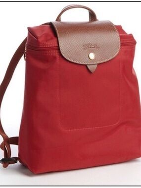 Longchamp Red Nylon Backpack with Brown Leather Flap